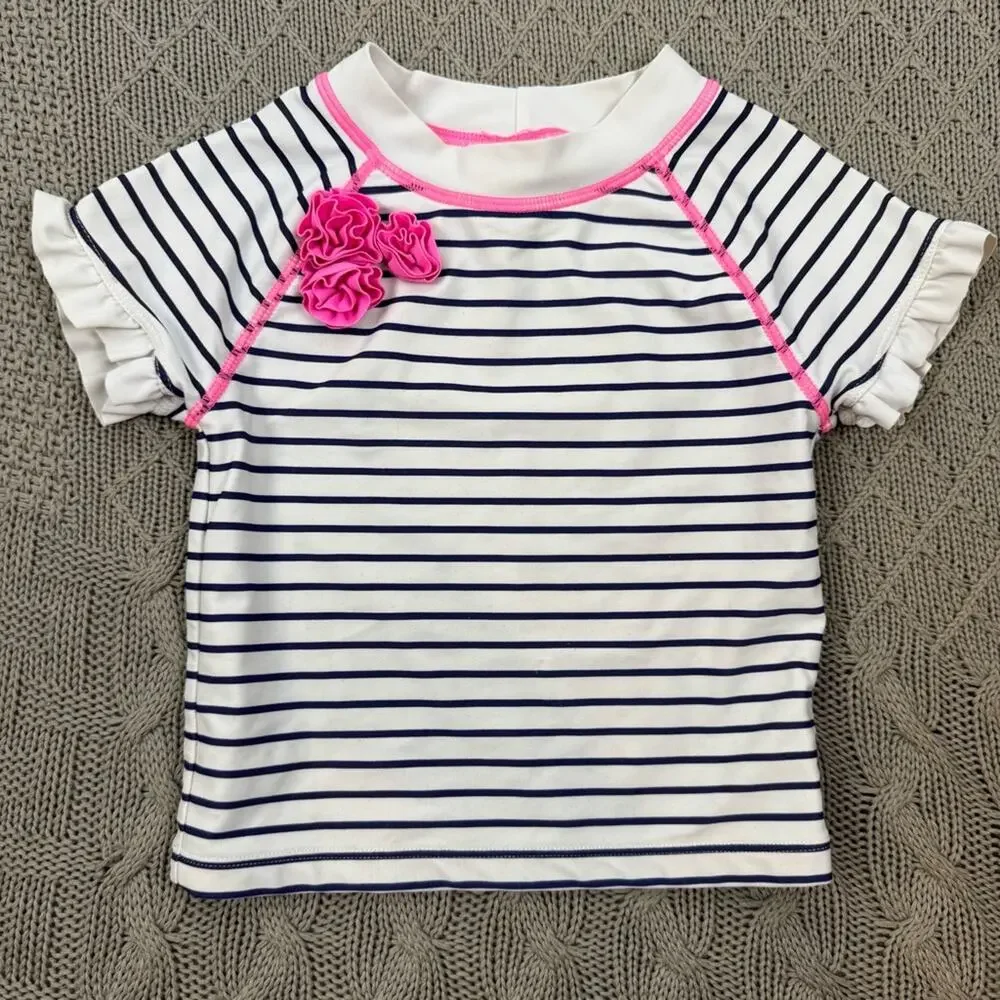 Janie and Jack Striped Kids Swim Top Rash Guard with Pink Accents ~ 4